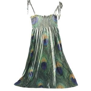 CYN by Cynthia Mehra Peacock Dress Smocked Hippie Boho Festival Tie Tube Midi SM